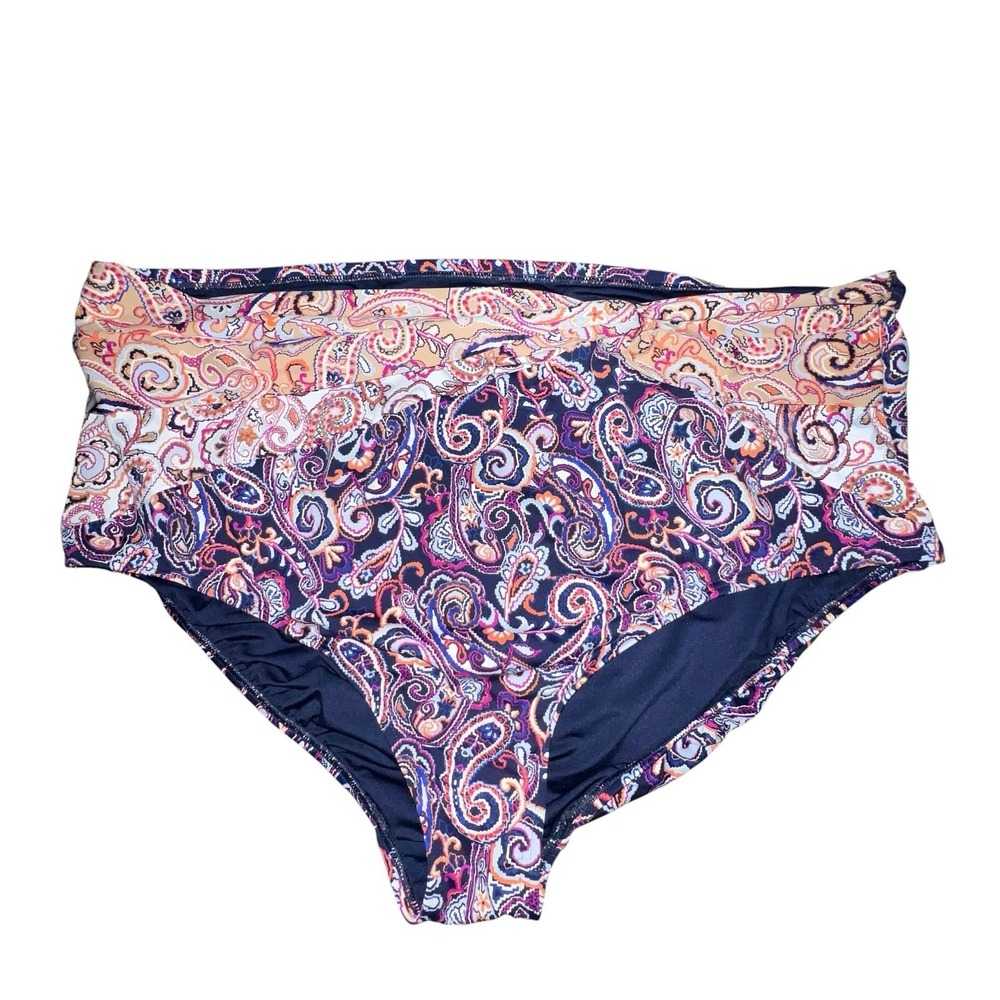 Lands End Twist Retro High Waisted Bikini Bottom Swim UPF50 Paisley Mix Size 24W